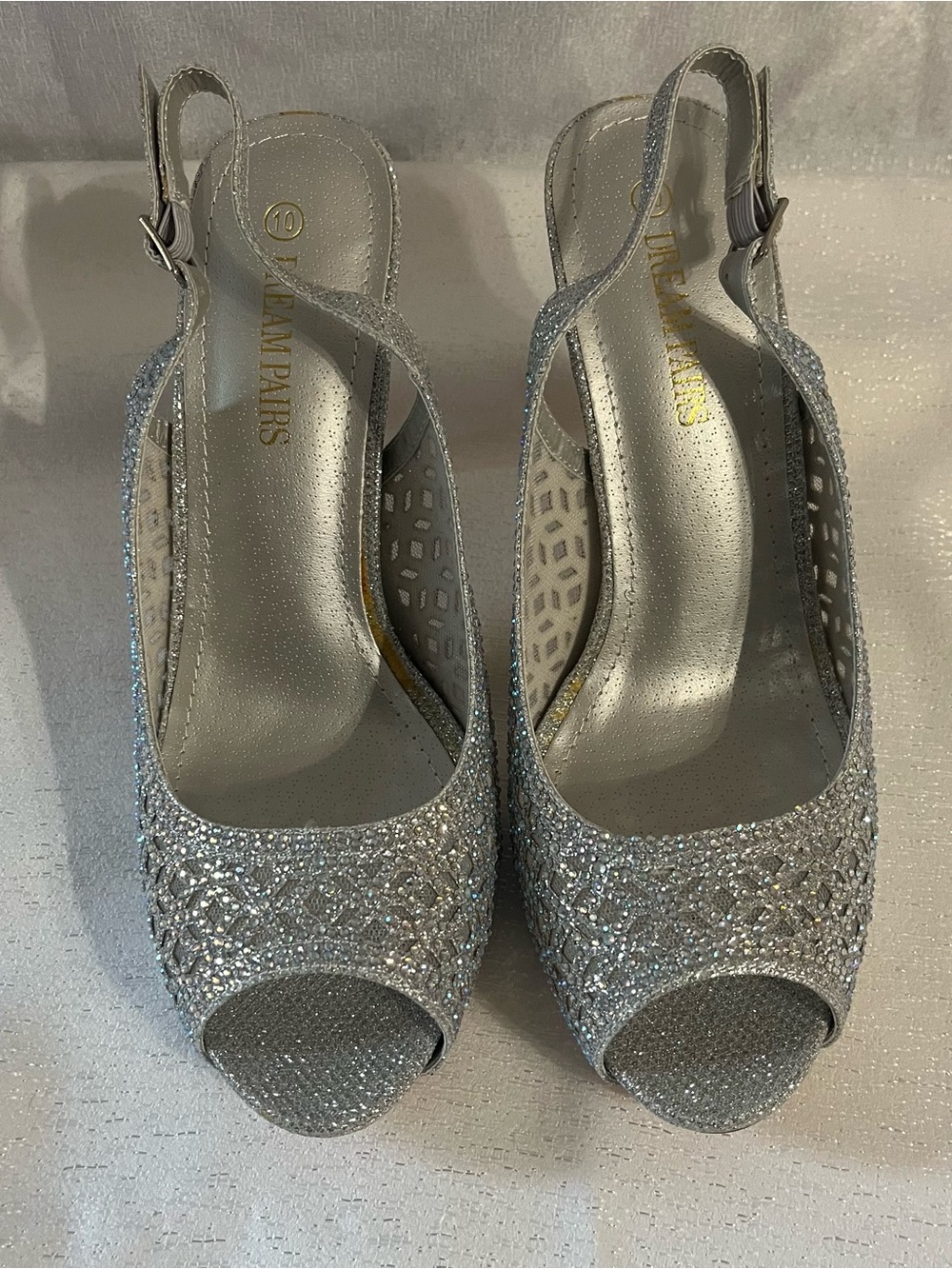 Dream Pairs Silver Glitter Peep-Toe Slingback Heels with Embellished Upper